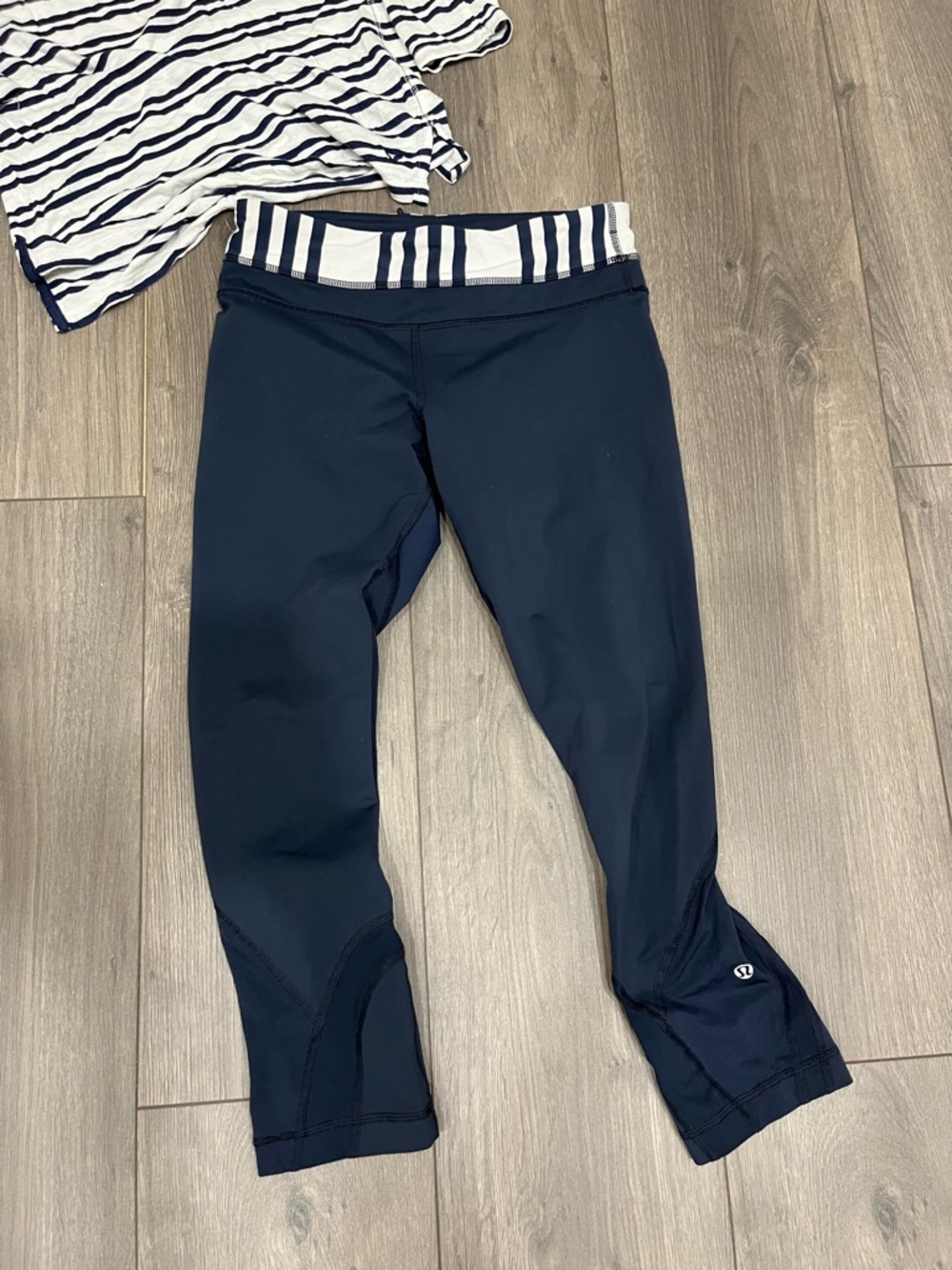lululemon athletica Navy Blue Capri Leggings with White Stripe Waistband